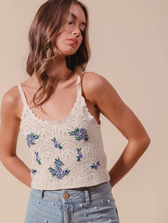 ME Makeover Essentials Tops - ME Makeover Essentials Cream Crochet Crop Top with Blue Floral Embroidery